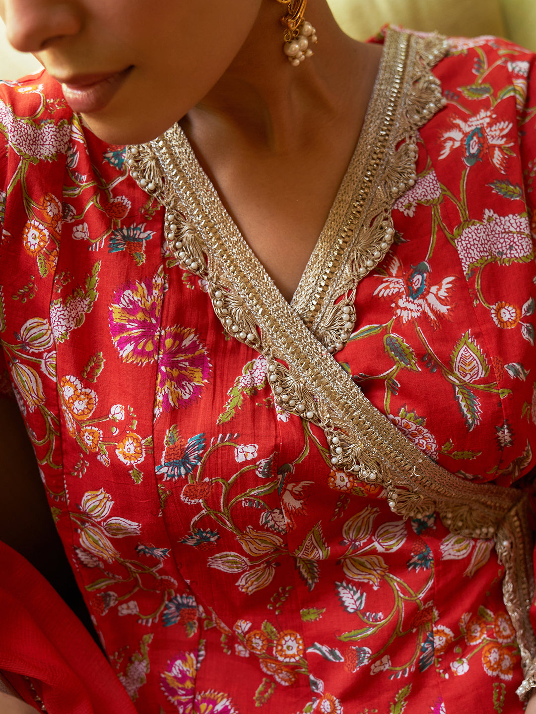Red Cotton Floral Printed Kurta With Palazzo and Dupatta